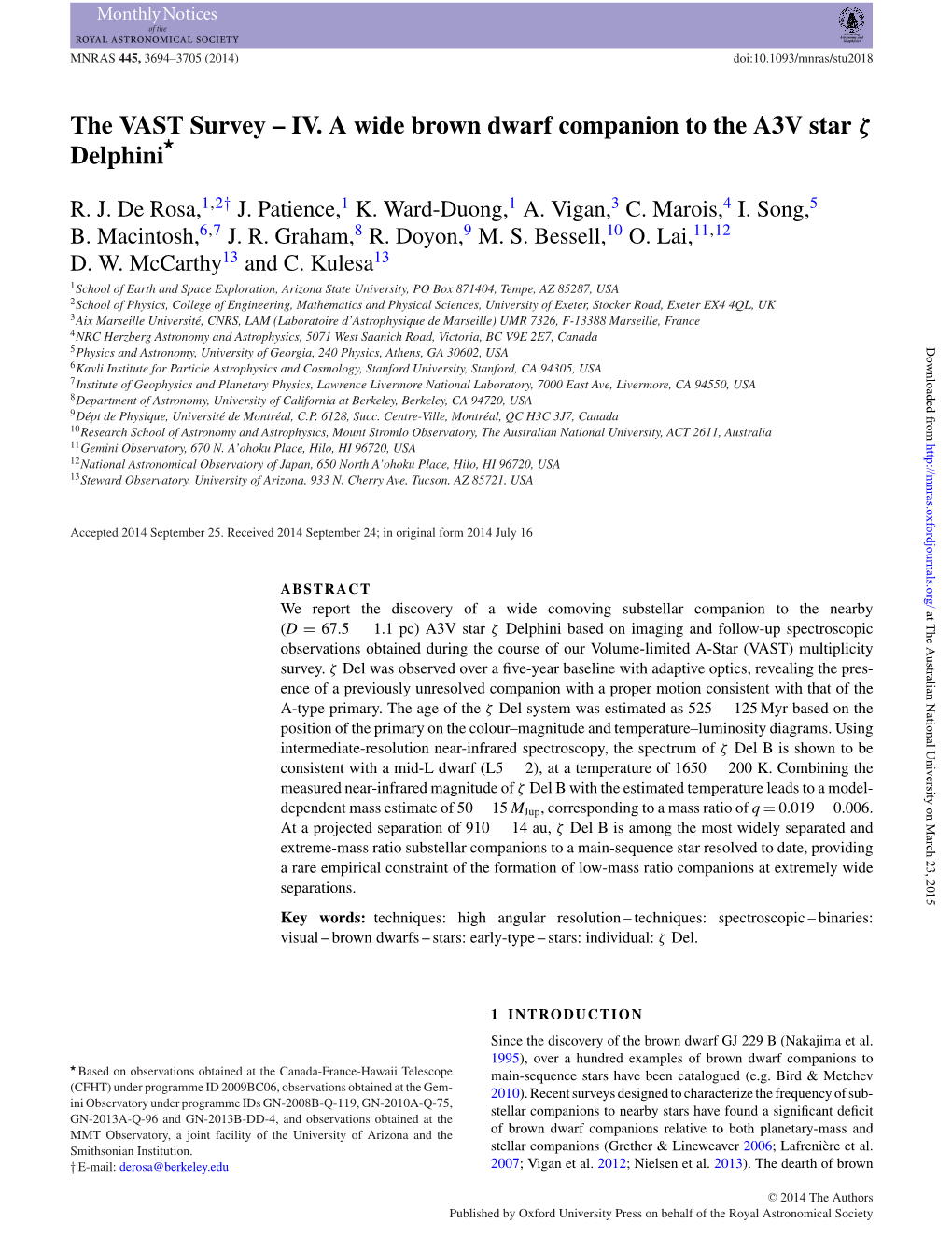 The VAST Survey – IV. a Wide Brown Dwarf Companion to the A3V Star Ζ � Delphini