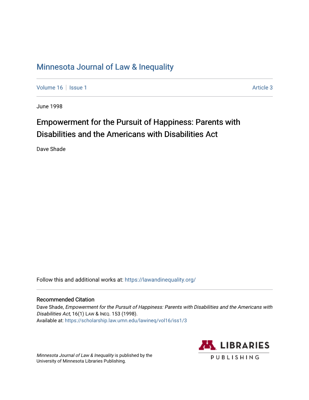 Empowerment for the Pursuit of Happiness: Parents with Disabilities and the Americans with Disabilities Act