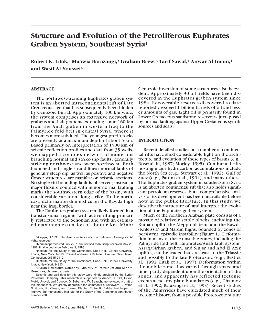 Structure and Evolution of the Petroliferous Euphrates Graben System, Southeast Syria1