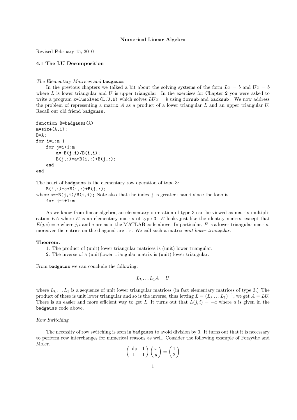 Numerical Linear Algebra Revised February 15, 2010 4.1 the LU