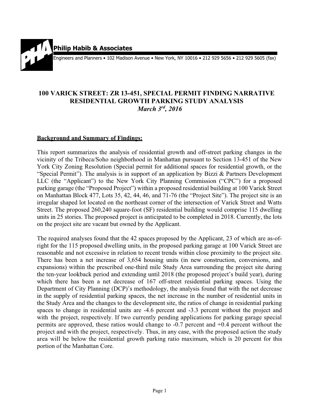 100 VARICK STREET: ZR 13-451, SPECIAL PERMIT FINDING NARRATIVE RESIDENTIAL GROWTH PARKING STUDY ANALYSIS March 3Rd, 2016