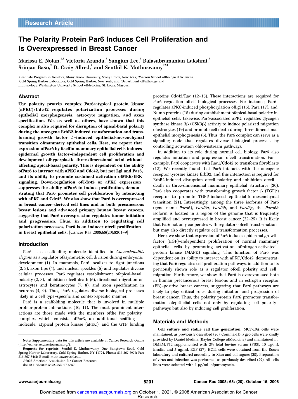 The Polarity Protein Par6 Induces Cell Proliferation and Is Overexpressed in Breast Cancer