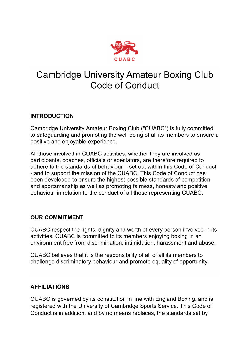 Cambridge University Amateur Boxing Club Code of Conduct