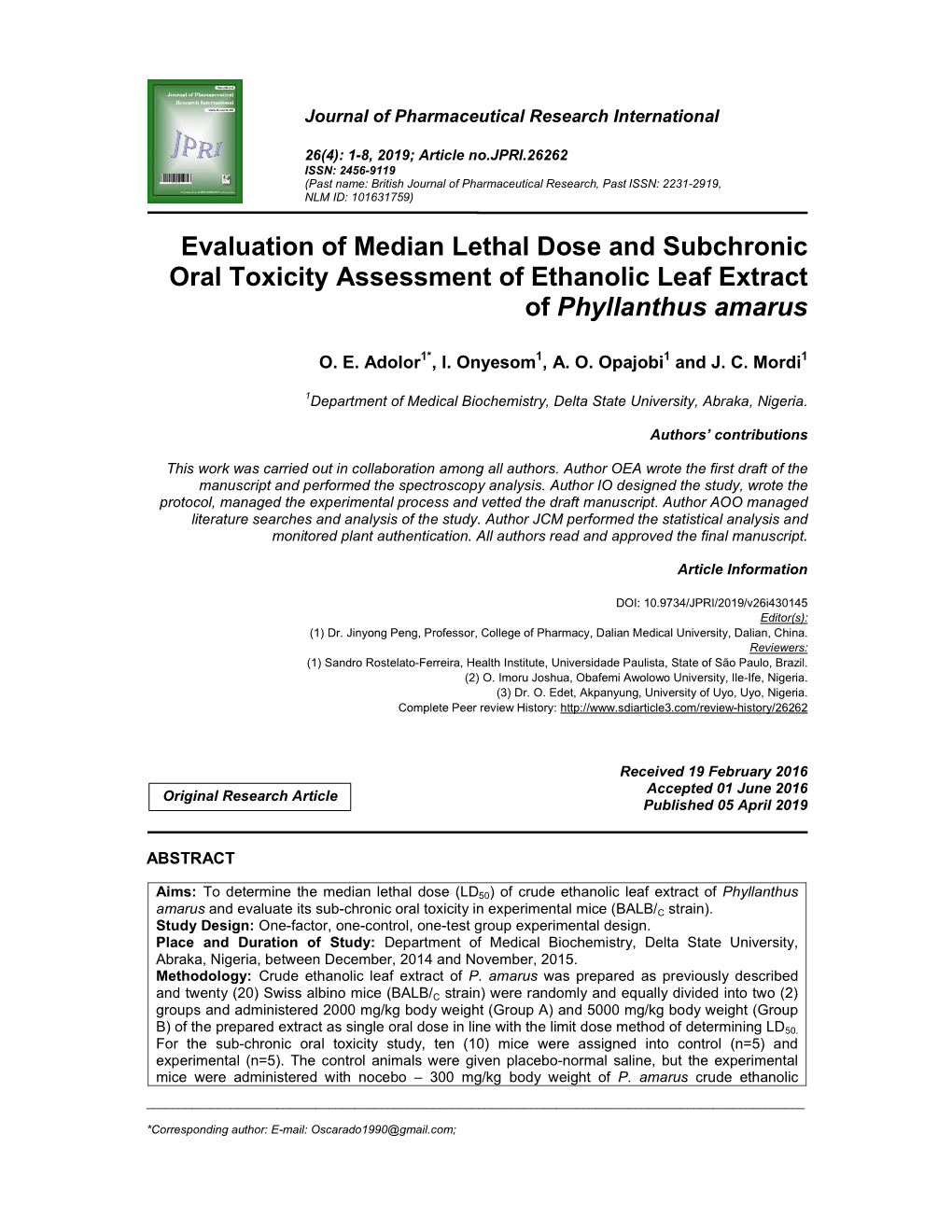 Evaluation of Median Lethal Dose and Subchronic Oral Toxicity Assessment of Ethanolic Leaf Extract of Phyllanthus Amarus