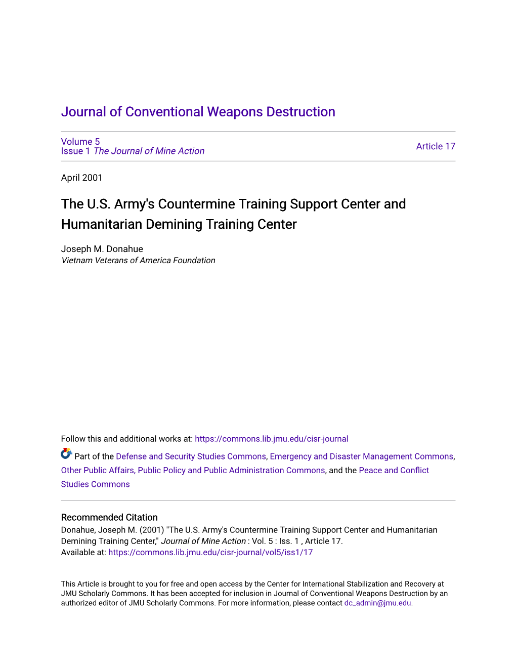 The U.S. Army's Countermine Training Support Center and Humanitarian Demining Training Center