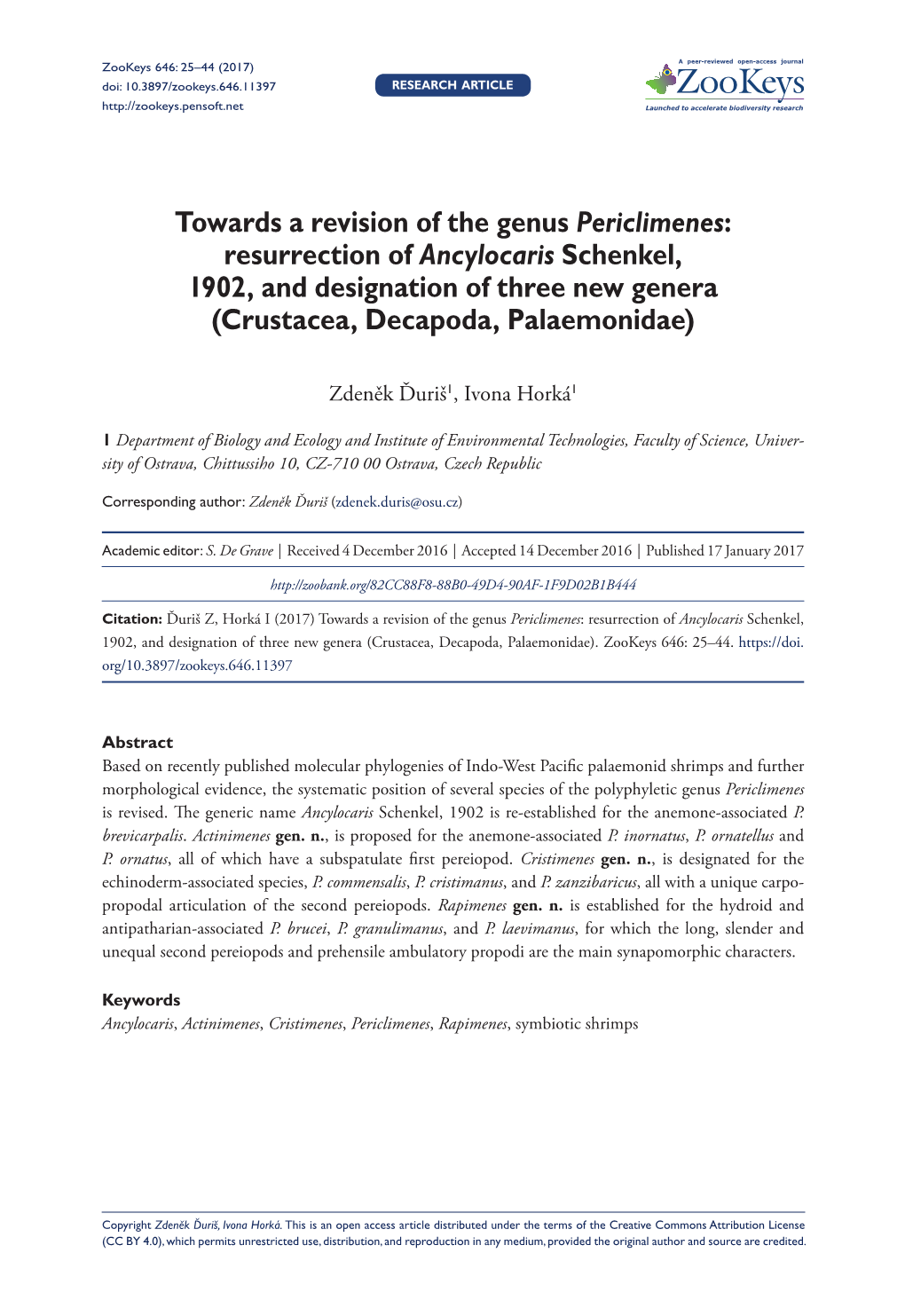 Towards a Revision of the Genus Periclimenes: Resurrection of Ancylocaris Schenkel, 1902, and Designation of Three New Genera (Crustacea, Decapoda, Palaemonidae)