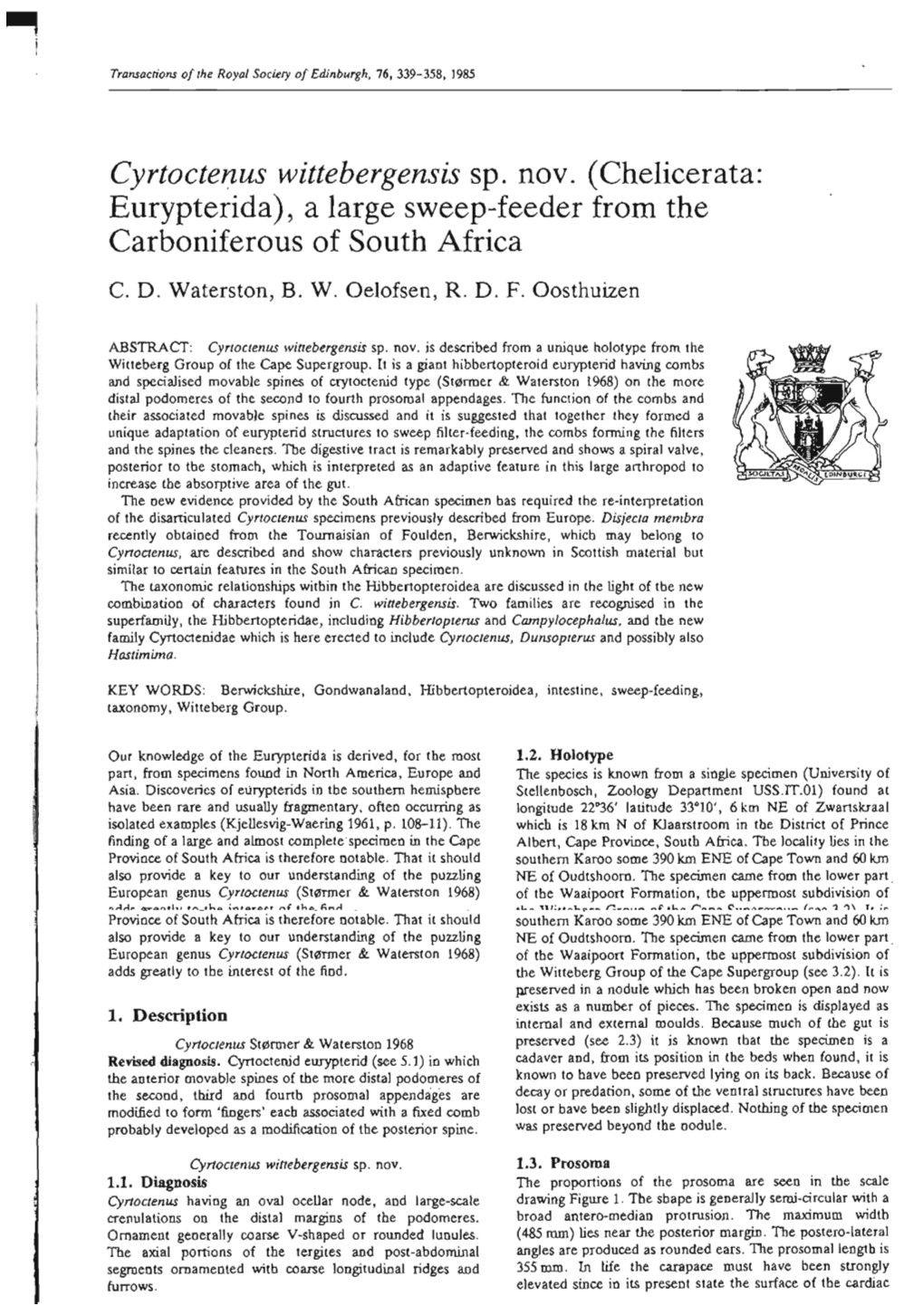 (Chelicerata: Eurypterida), a Large Sweep-Feeder from the Carboniferous of South Africa C