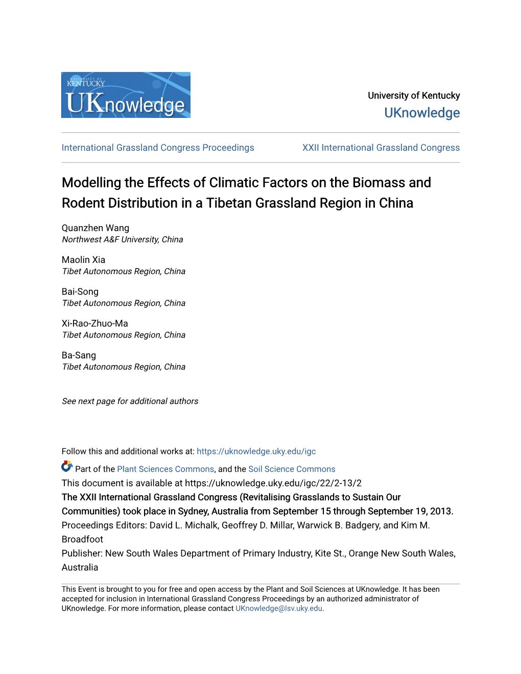 Modelling the Effects of Climatic Factors on the Biomass and Rodent Distribution in a Tibetan Grassland Region in China