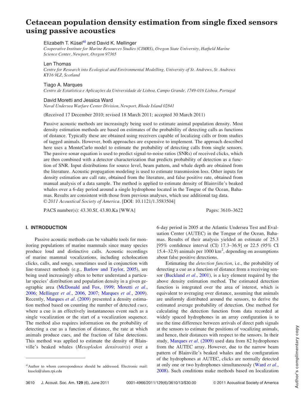 Cetacean Population Density Estimation from Single Fixed Sensors Using Passive Acoustics