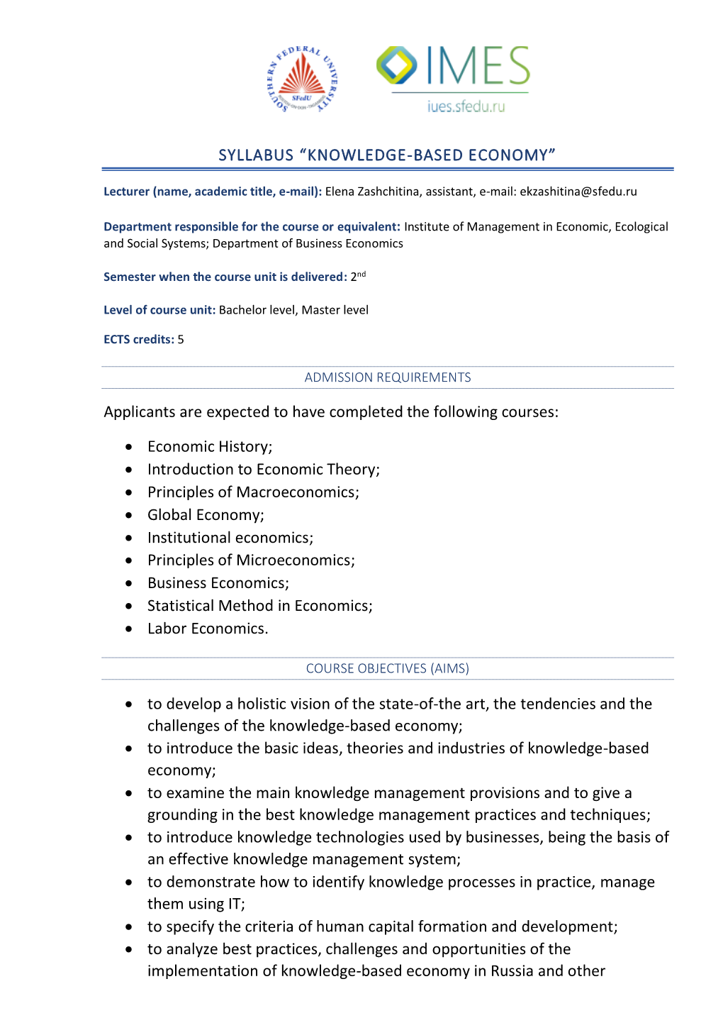 Syllabus “Knowledge-Based Economy”