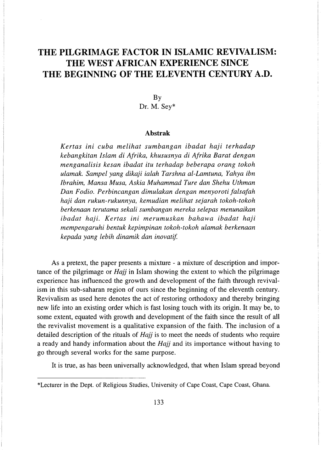 The Pilgrimage Factor in Islamic Revivalism: the West African Experience Since the Beginning of the Eleventh Century A.D