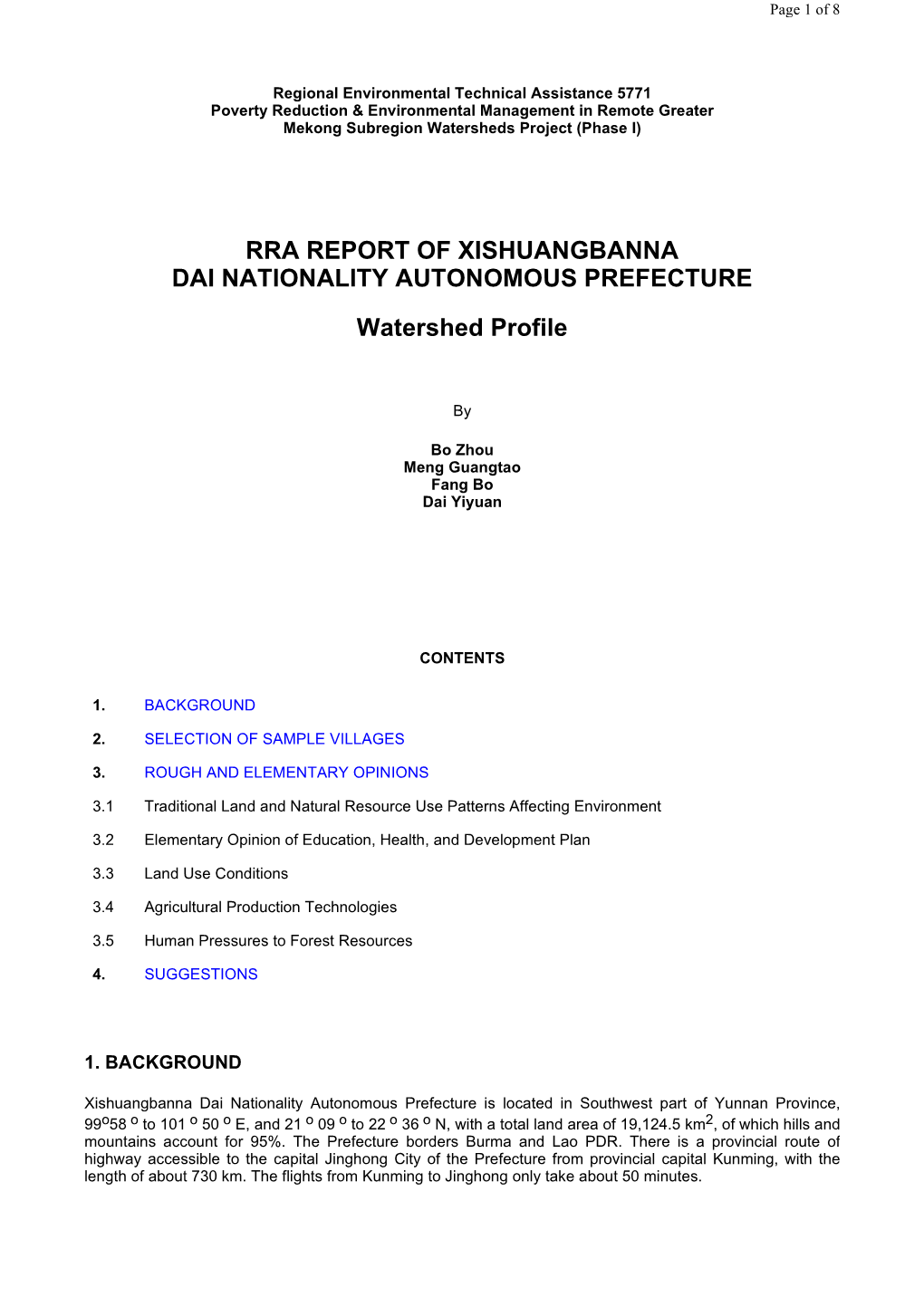 RRA REPORT of XISHUANGBANNA DAI NATIONALITY AUTONOMOUS PREFECTURE Watershed Profile