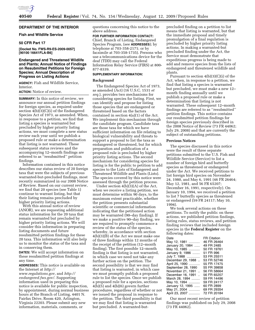 Federal Register/Vol. 74, No. 154/Wednesday, August 12, 2009