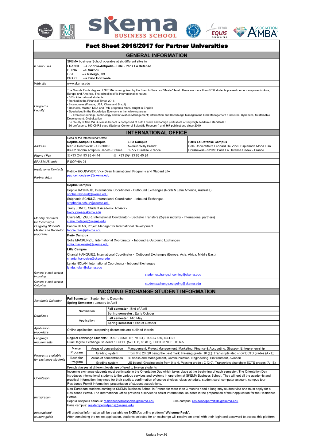 Fact Sheet 2016/2017 for Partner Universities