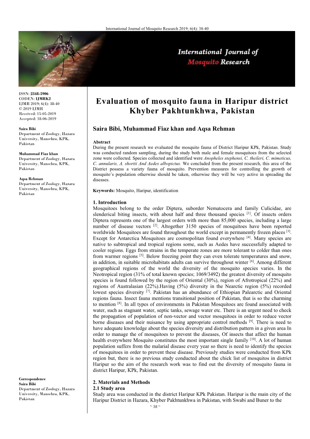 Evaluation of Mosquito Fauna in Haripur District Khyber