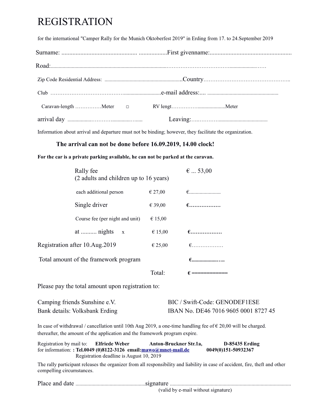 REGISTRATION for the International "Camper Rally for the Munich Oktoberfest 2019" in Erding from 17