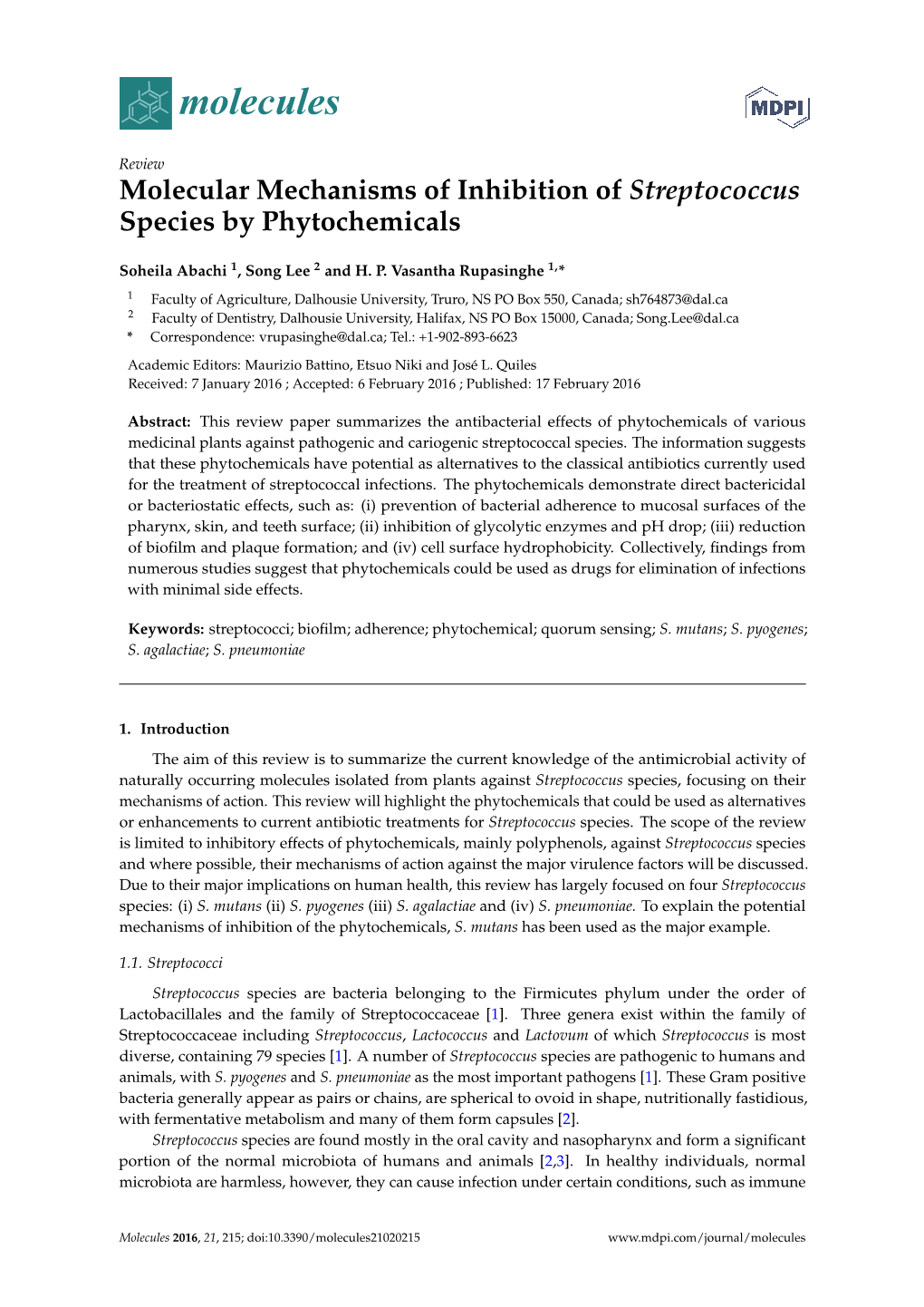 Molecular Mechanisms of Inhibition of Streptococcus Species by Phytochemicals