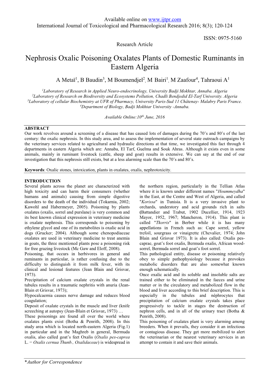 Nephrosis Oxalic Poisoning Oxalates Plants of Domestic Ruminants in Eastern Algeria