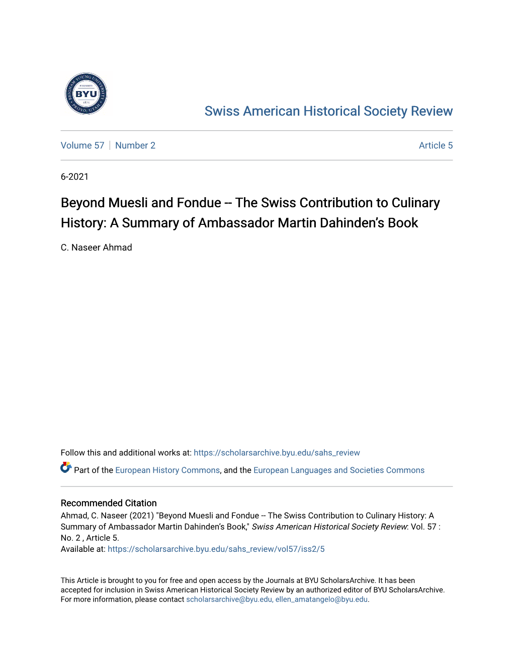 Beyond Muesli and Fondue -- the Swiss Contribution to Culinary History: a Summary of Ambassador Martin Dahinden’S Book