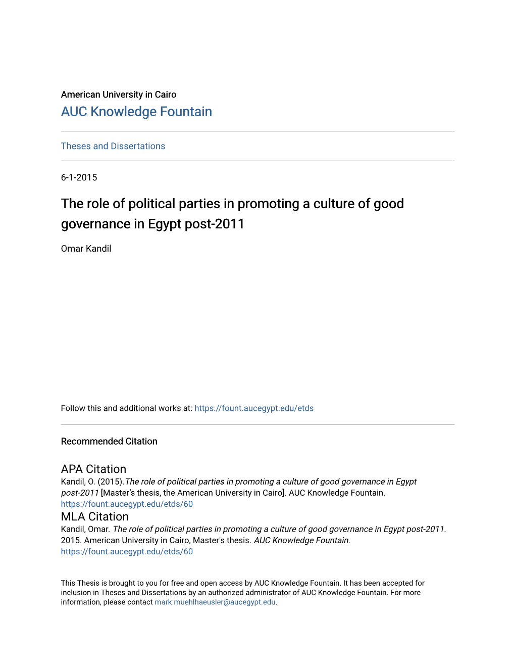 The Role of Political Parties in Promoting a Culture of Good Governance in Egypt Post-2011