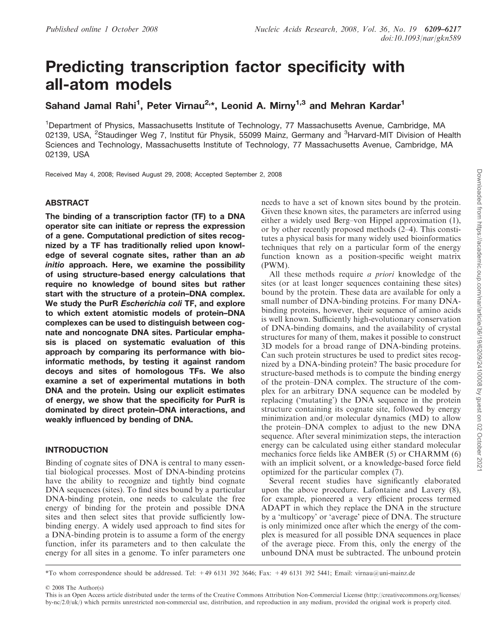 Predicting Transcription Factor Specificity with All-Atom Models Sahand Jamal Rahi1, Peter Virnau2,*, Leonid A