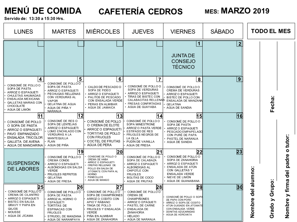 Calendario Menu Comida Y Desayuno Paq Marzo 2019