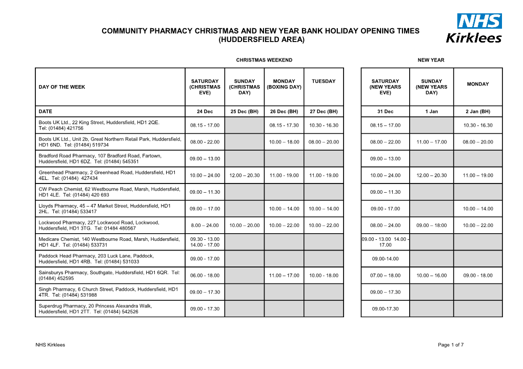 Community Pharmacy Christmas and New Year Bank Holiday Opening Times