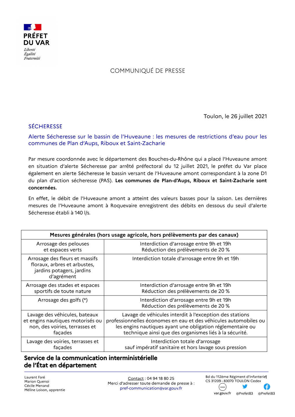 COMMUNIQUÉ DE PRESSE Service De La Communication