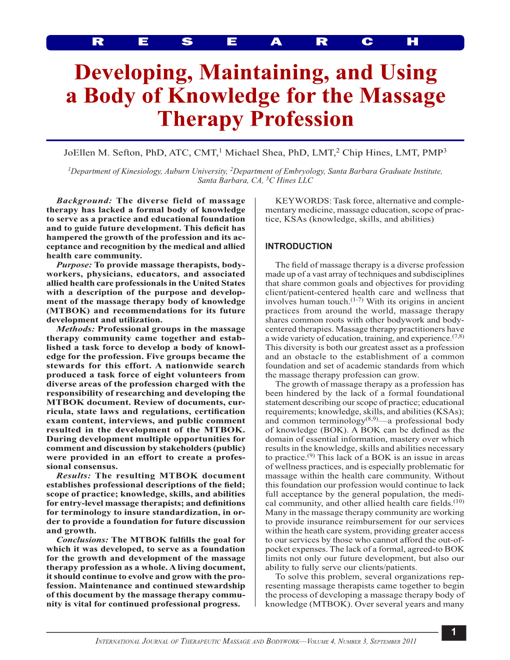 Developing, Maintaining, and Using a Body of Knowledge for the Massage Therapy Profession