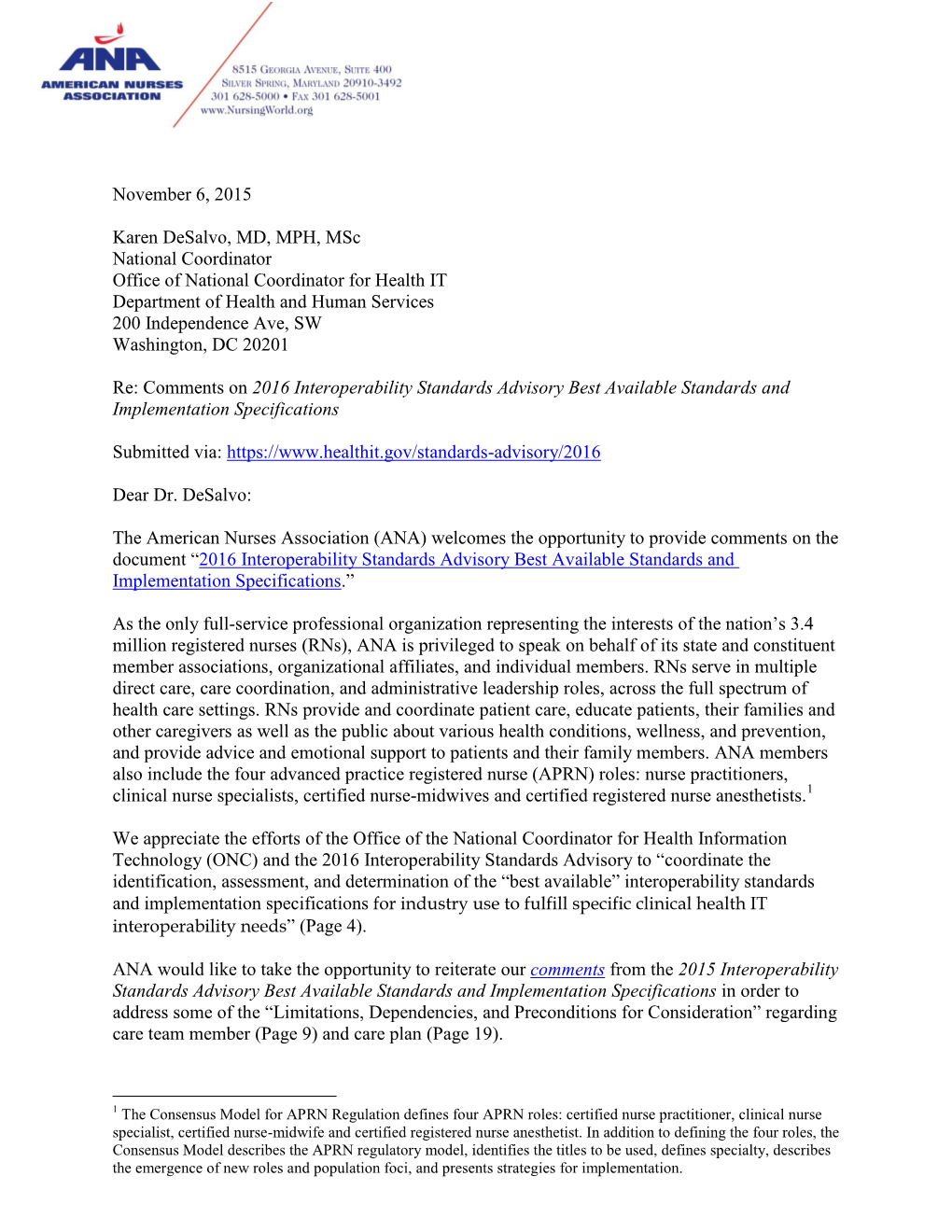 Letter from ANA to the Office of National Coordinator for Health IT