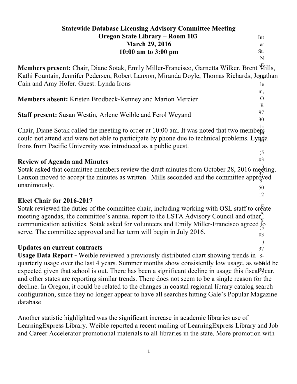 Statewide Database Licensing Advisory Commitee Minutes, March 29, 2016