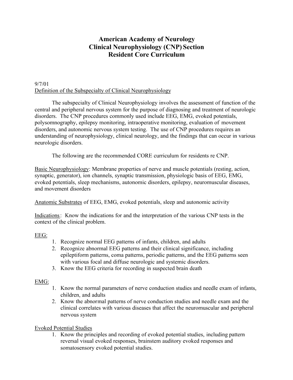 Clinical Neurophysiology (CNP) Section Resident Core Curriculum