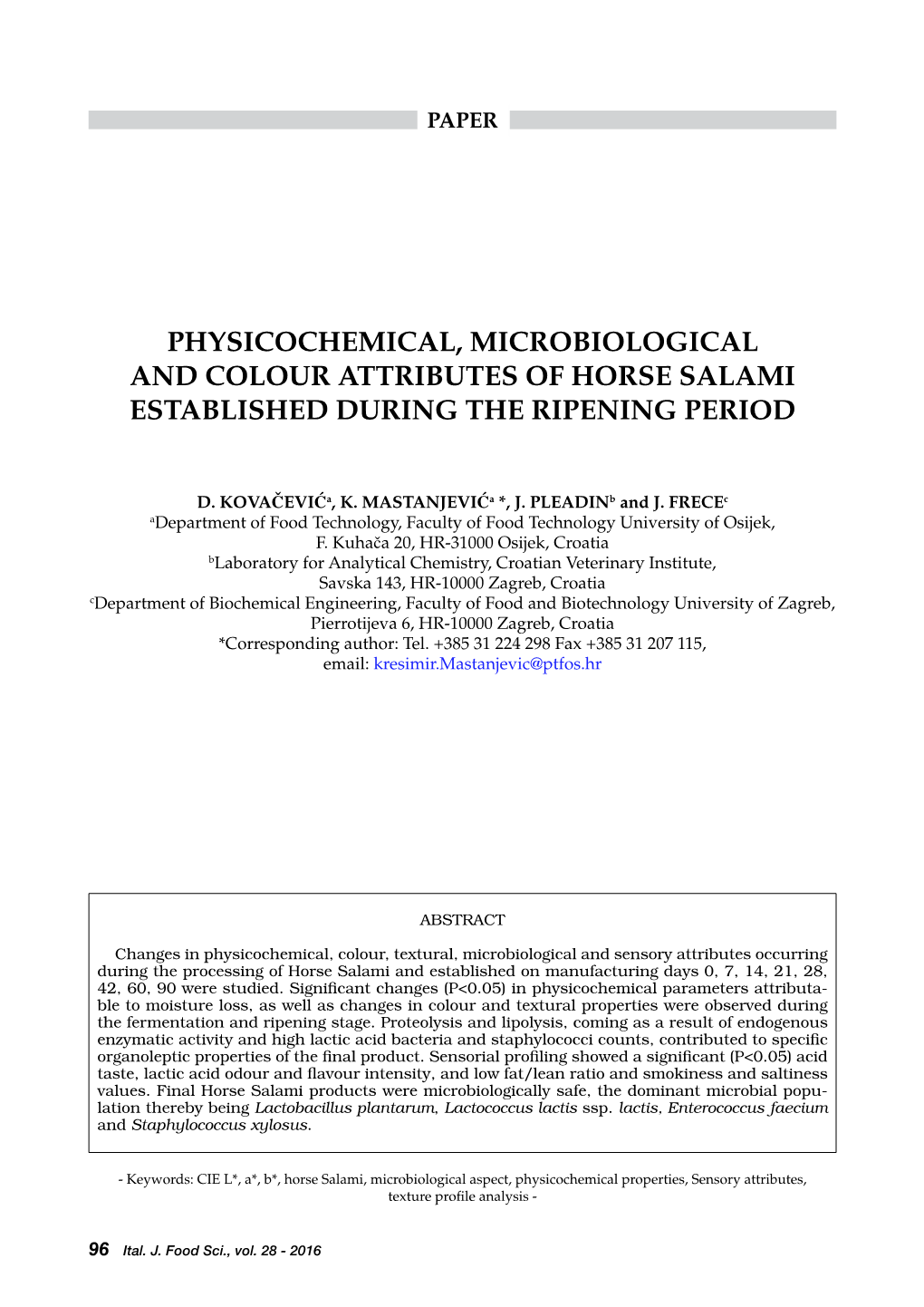 Physicochemical, Microbiological and Colour Attributes of Horse Salami Established During the Ripening Period