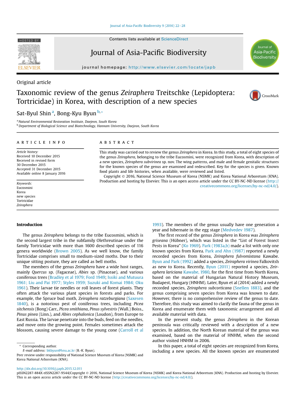 Taxonomic Review of the Genus Zeiraphera Treitschke (Lepidoptera: Tortricidae) in Korea, with Description of a New Species