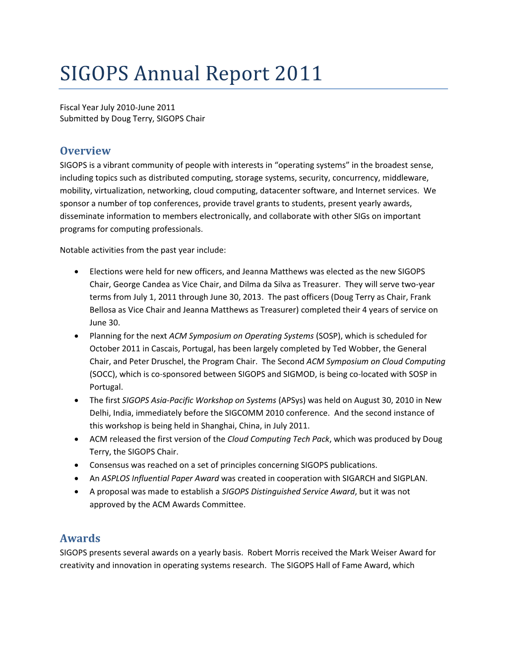 SIGOPS Annual Report 2011
