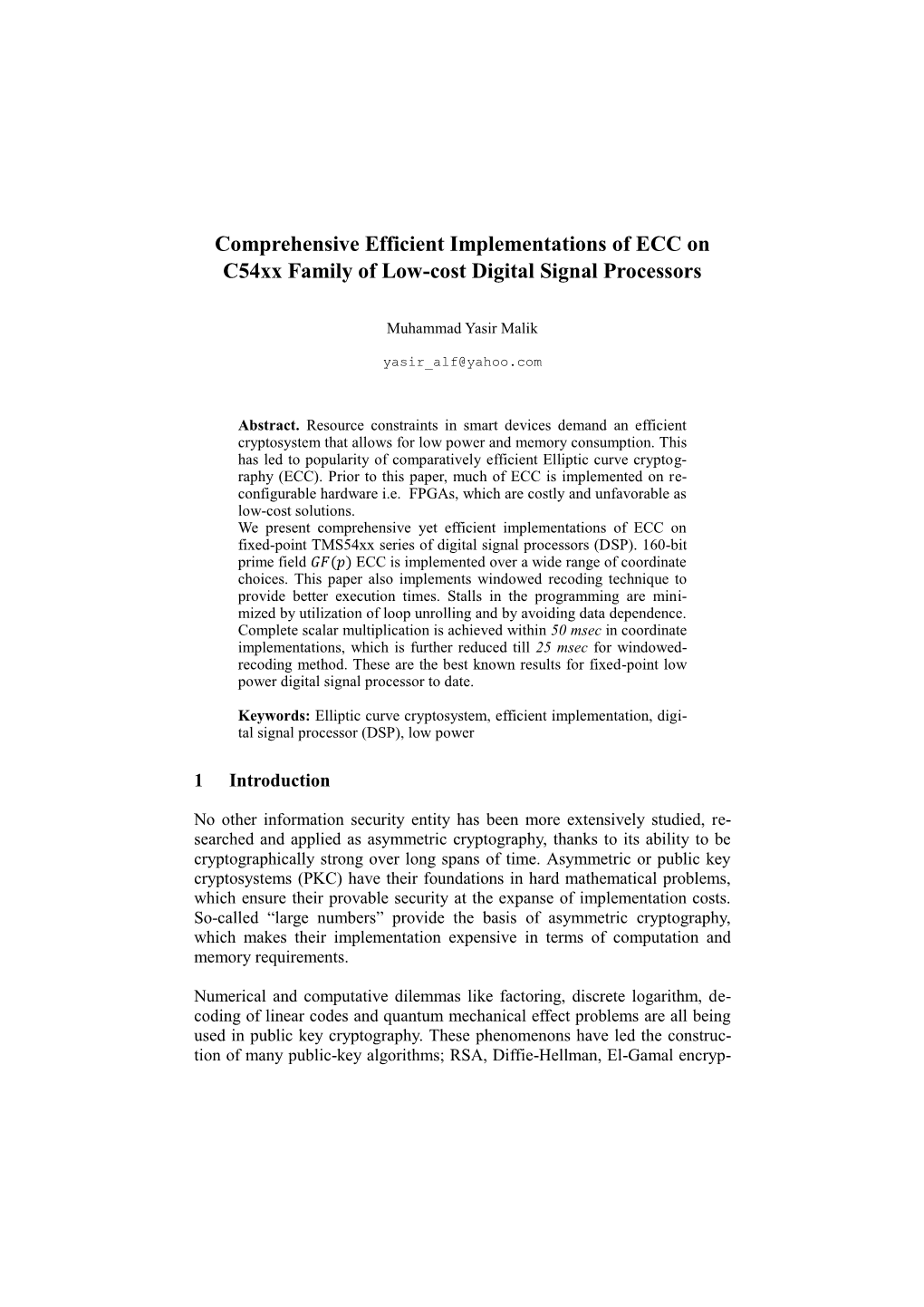 Comprehensive Efficient Implementations of ECC on C54xx Family of Low-Cost Digital Signal Processors