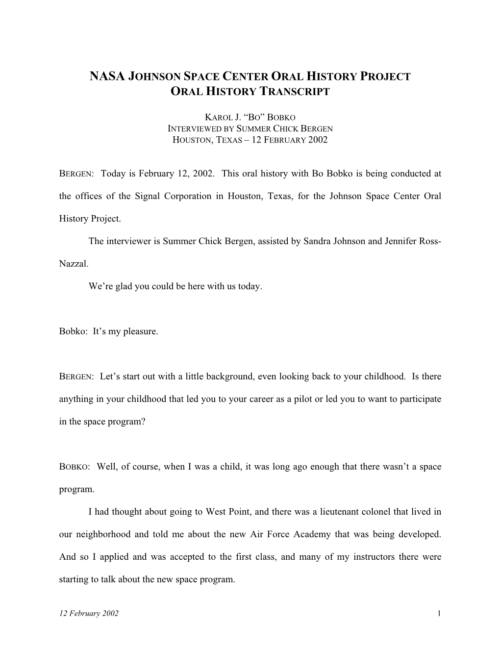 Nasa Johnson Space Center Oral History Project Oral History Transcript