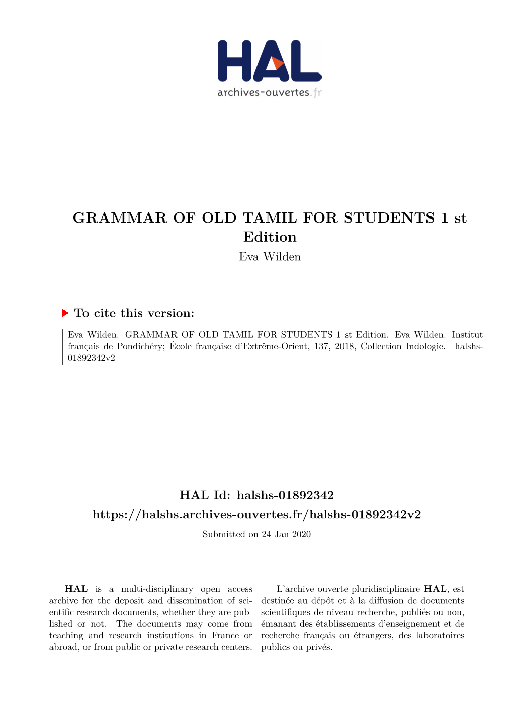 GRAMMAR of OLD TAMIL for STUDENTS 1 St Edition Eva Wilden