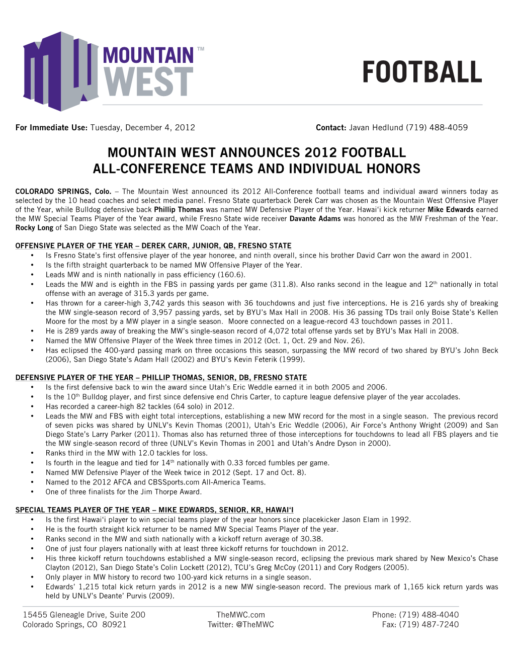 2012 Mountain West Football Honors Release Page 2