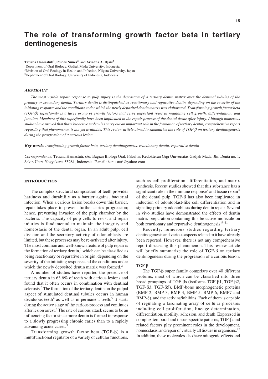 The Role of Transforming Growth Factor Beta in Tertiary Dentinogenesis