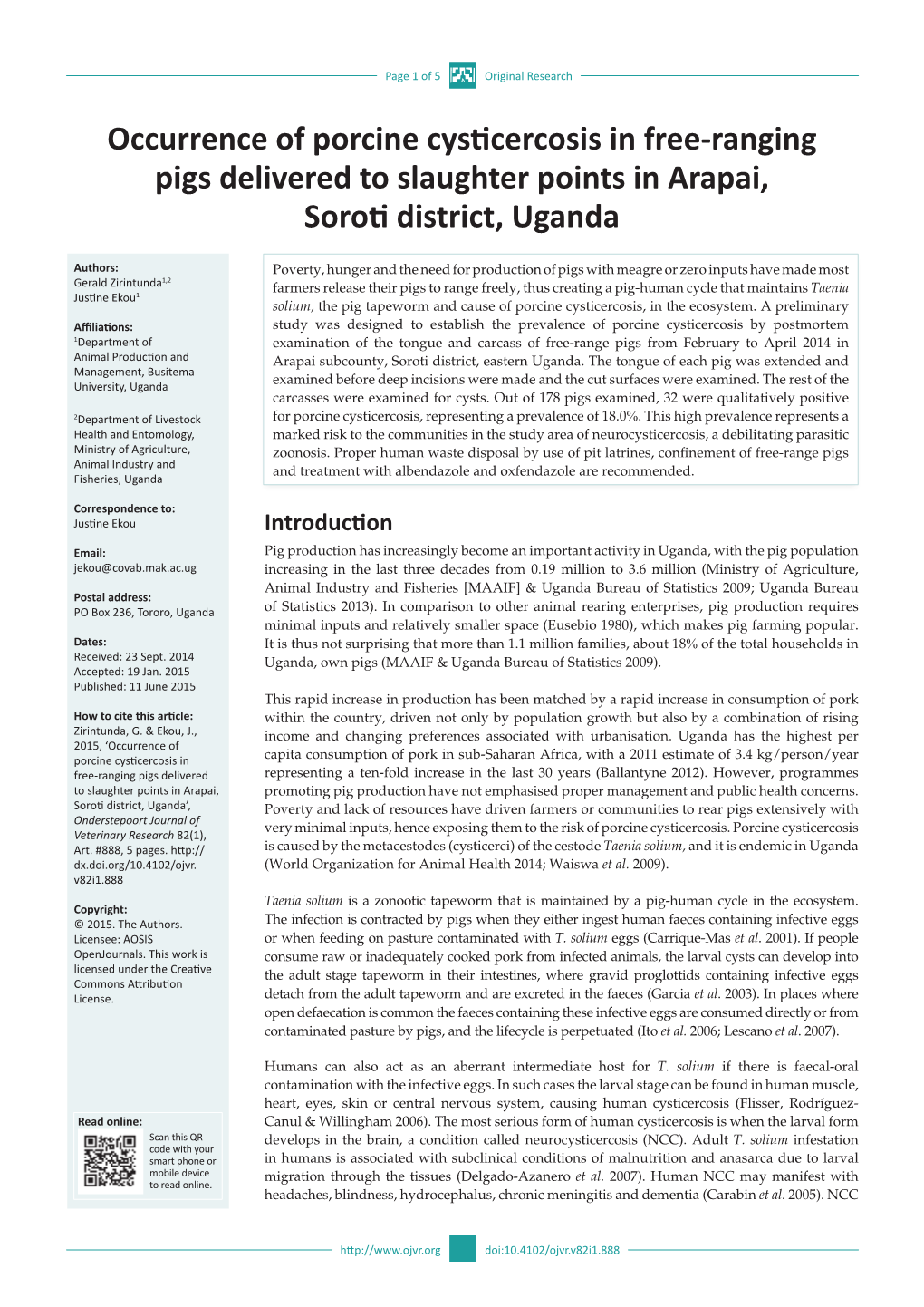 Occurrence of Porcine Cysticercosis in Free-Ranging Pigs Delivered to Slaughter Points in Arapai, Soroti District, Uganda