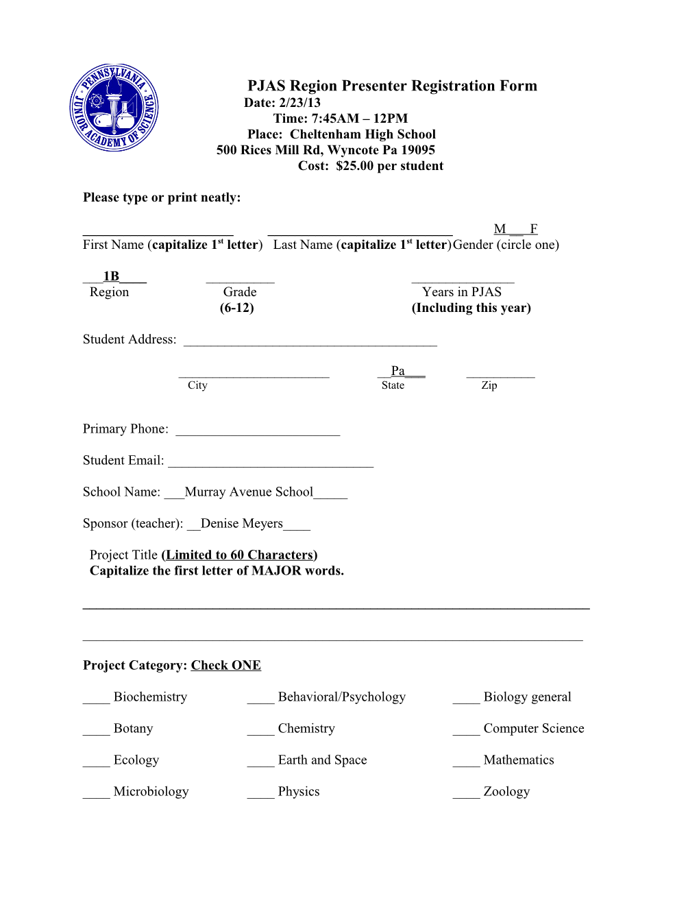 PJAS Region Presenter Registration Form