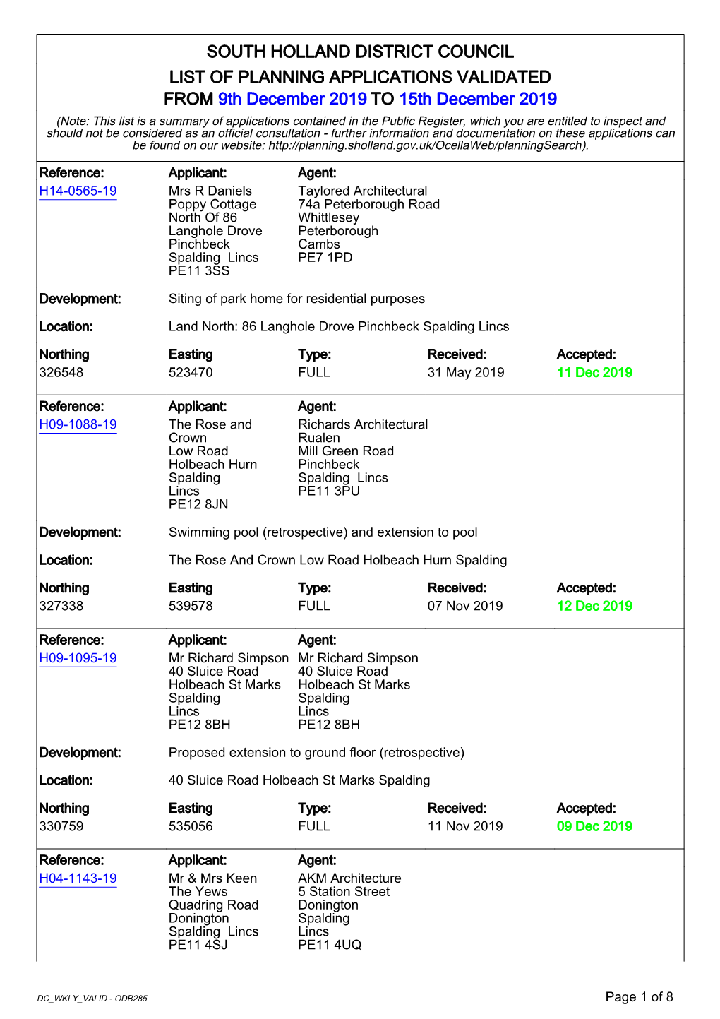 South Holland District Council List of Planning