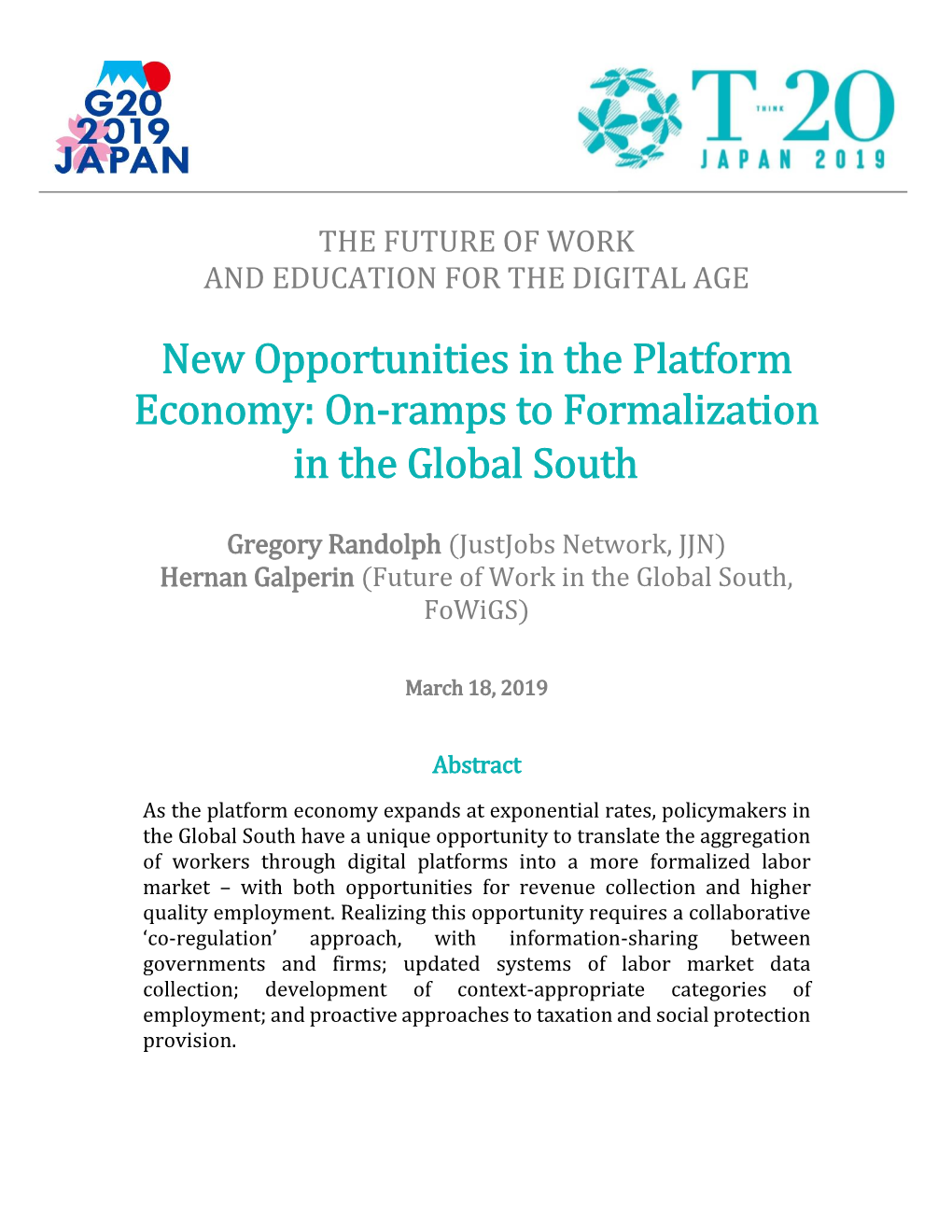 New Opportunities in the Platform Economy: On-Ramps to Formalization in the Global South