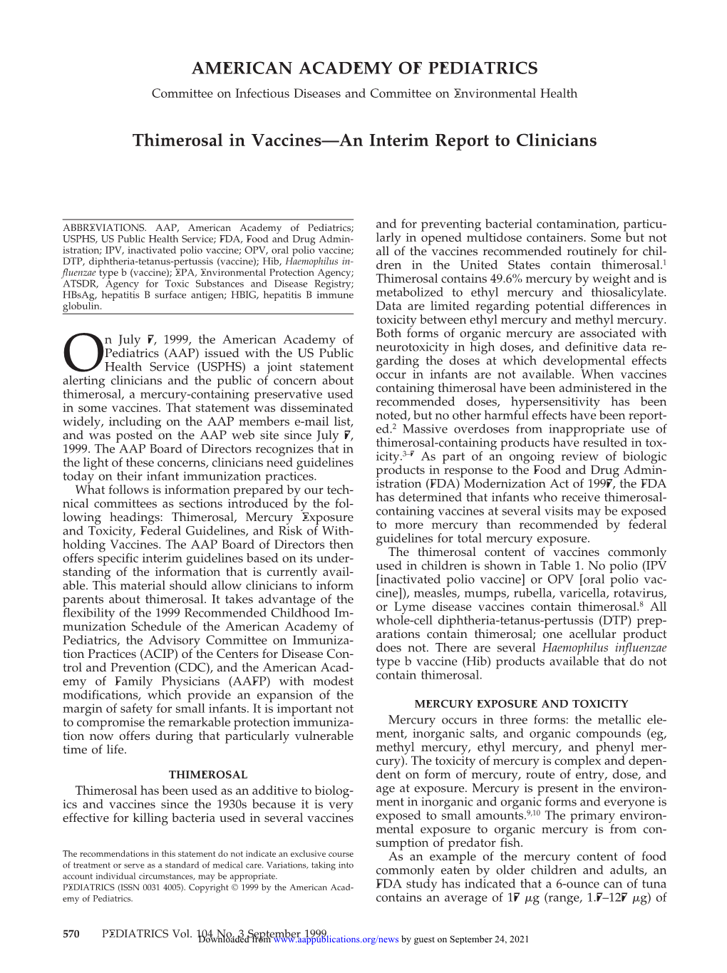 Thimerosal in Vaccines—An Interim Report to Clinicians