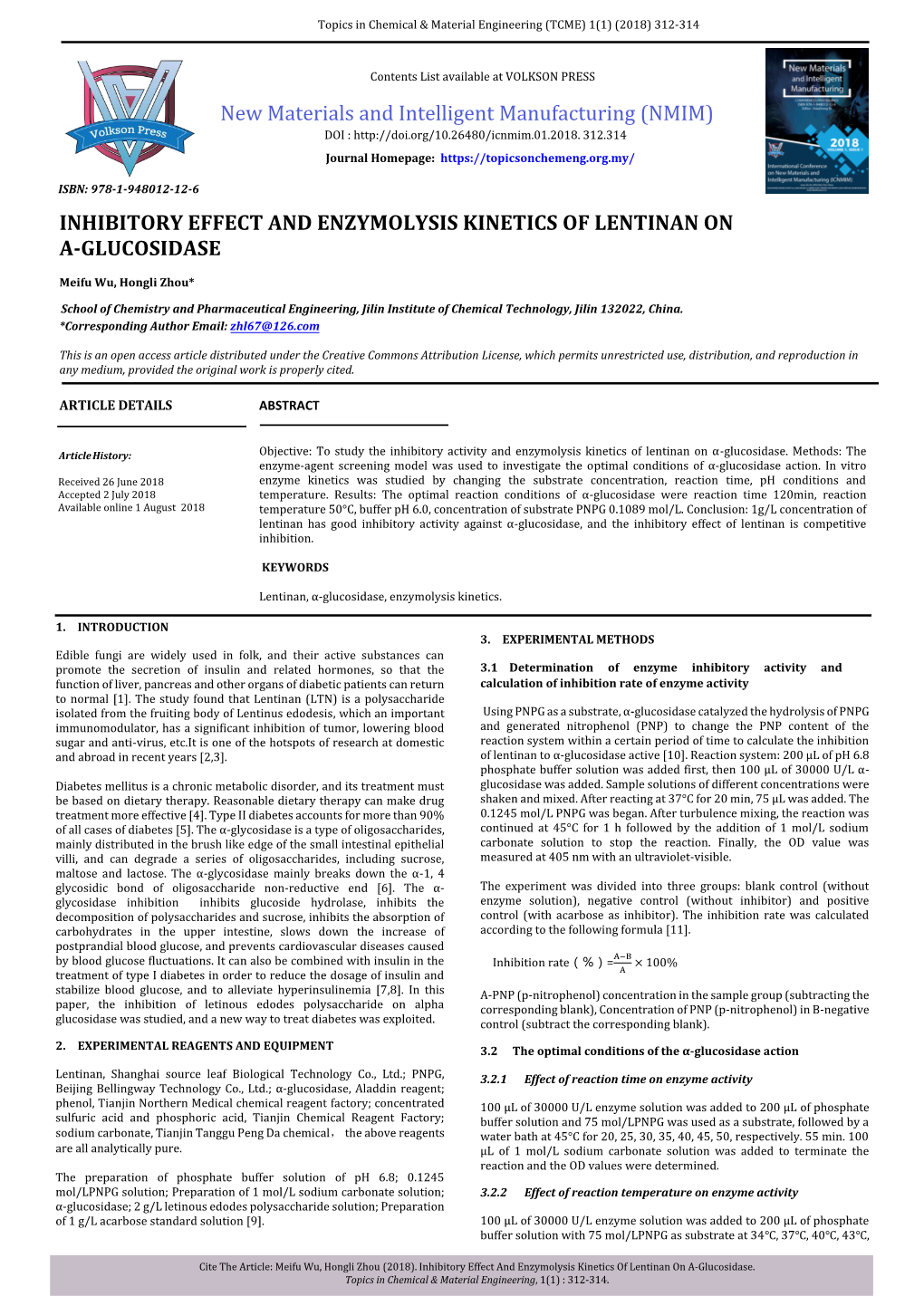 Inhibitory Effect and Enzymolysis Kinetics of Lentinan on Α-Glucosidase