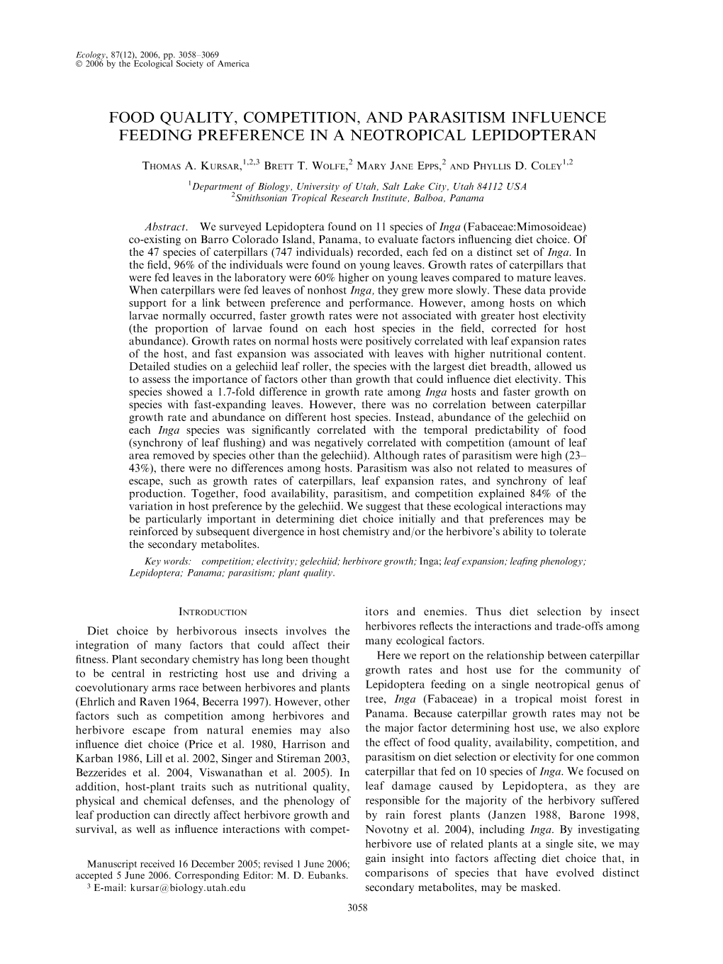 Food Quality, Competition, and Parasitism Influence Feeding Preference in a Neotropical Lepidopteran