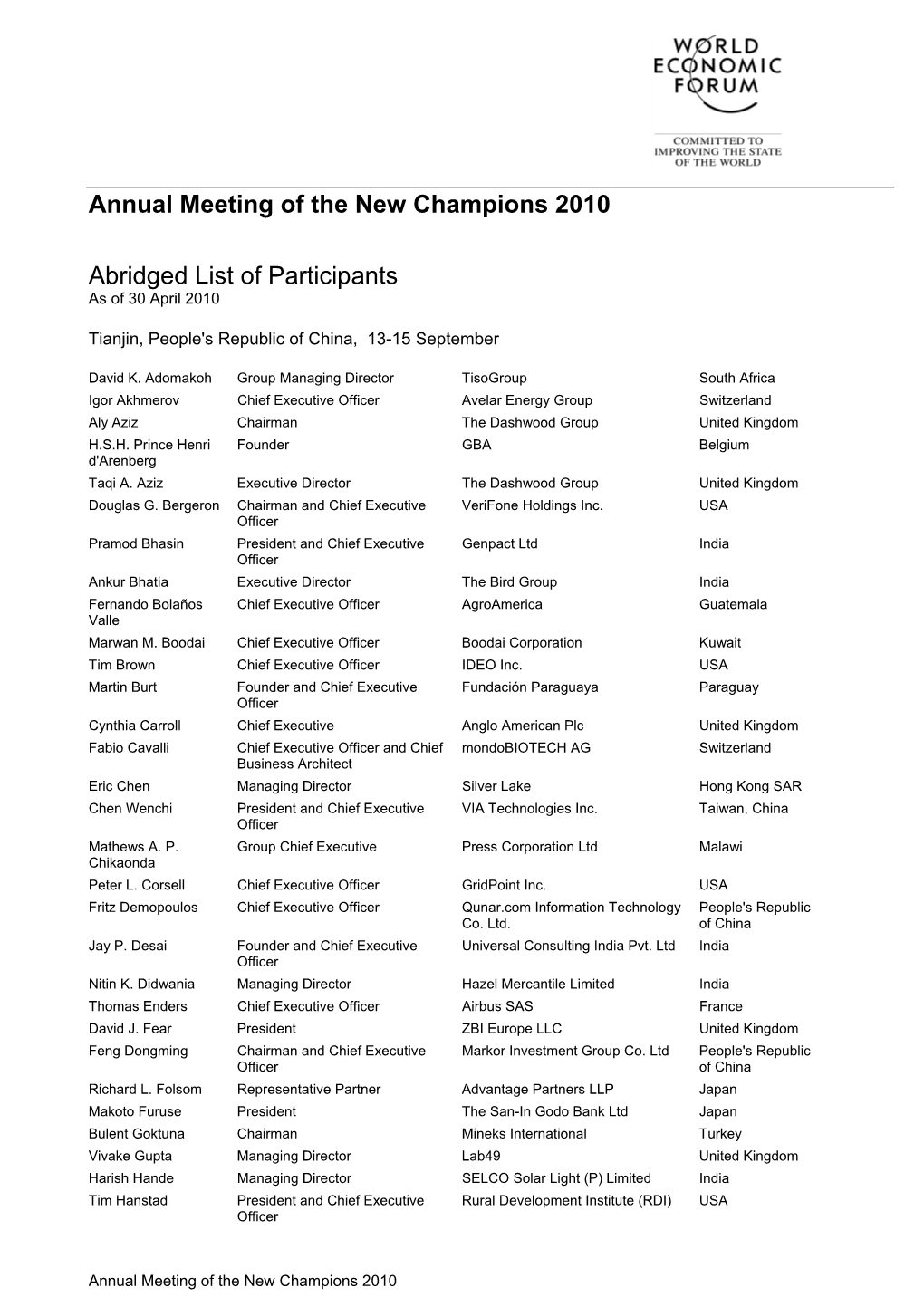 Annual Meeting of the New Champions 2010 Abridged List Of