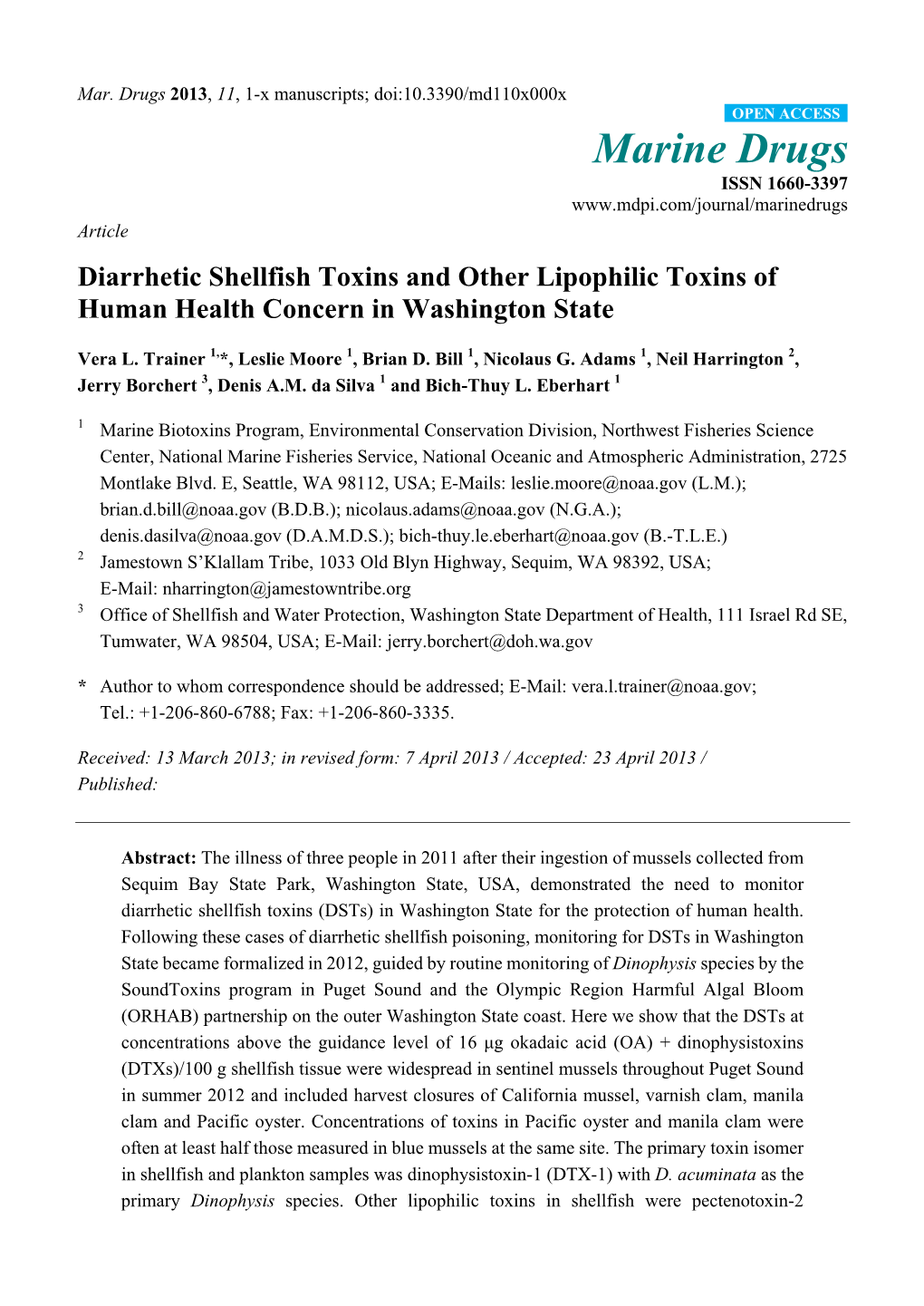 Diarrhetic Shellfish Toxins and Other Lipophilic Toxins of Human Health Concern in Washington State
