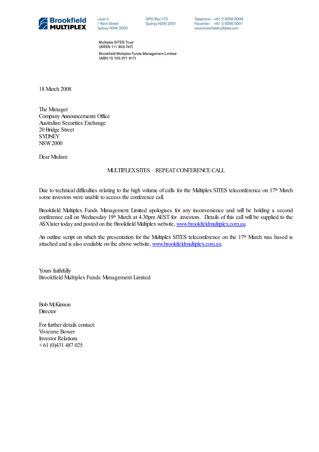 Multiplex SITES Trust, Multiplex Funds Management Limited, Has Also Changed Its Name to Brookfield Multiplex Funds Management Limited